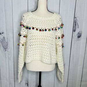 ZARA Chunky Open Knit Wool Blend Sweater Size S Pom Pom Oversized Artsy Boxy